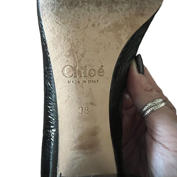 Chloe Lauren Black Patent Shiny Leather Scalloped Trim Block Heel Pumps Size 38 - Picture 11 of 13